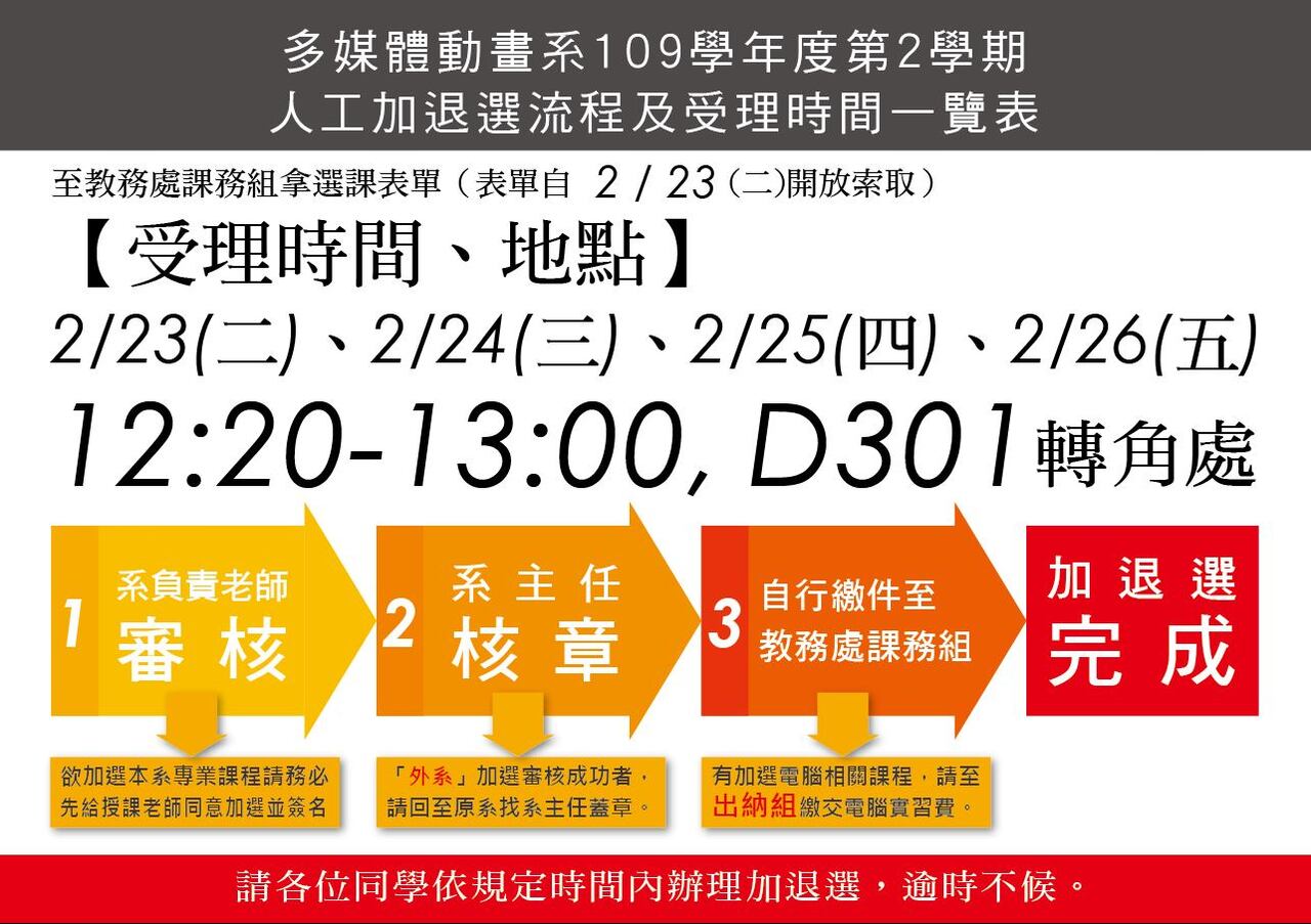 109學年度第二學期多動系人工加退選流程及受理時間一覽表圖片